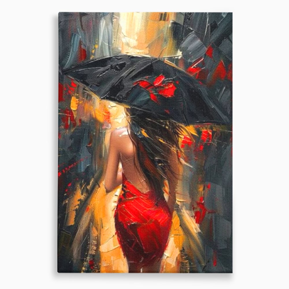 Tablou canvas cu pictura cu femeie si umbrela rosie, fara rama, pe sasiu de lemn